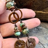 Stacked Cairn Earrings, Copper Hoops, Czech Glass Beads, Hypoallergenic Ear Wires, Earthy Primitive, Arty Mismatched Earrings, Copper & Aqua
