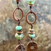 Stacked Cairn Earrings, Copper Hoops, Czech Glass Beads, Hypoallergenic Ear Wires, Earthy Primitive, Arty Mismatched Earrings, Copper & Aqua
