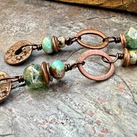 Stacked Cairn Earrings, Copper Hoops, Czech Glass Beads, Hypoallergenic Ear Wires, Earthy Primitive, Arty Mismatched Earrings, Copper & Aqua
