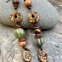 Long Dangle Copper Earrings, Stacked Cairns, Fossil Texture, Czech Glass Beads, Hypoallergenic Ear Wires, Earthy, Arty Mismatched Earrings