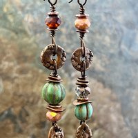 Long Dangle Copper Earrings, Stacked Cairns, Fossil Texture, Czech Glass Beads, Hypoallergenic Ear Wires, Earthy, Arty Mismatched Earrings