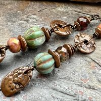 Long Dangle Copper Earrings, Stacked Cairns, Fossil Texture, Czech Glass Beads, Hypoallergenic Ear Wires, Earthy, Arty Mismatched Earrings