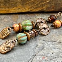 Long Dangle Copper Earrings, Stacked Cairns, Fossil Texture, Czech Glass Beads, Hypoallergenic Ear Wires, Earthy, Arty Mismatched Earrings