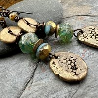 Bronze Coral Fossil Texture Earrings, Stacked Cairns, Washer Donut Beads, Czech Glass, Bronze & Aqua, Arty Mismatched Earrings, Long Dangles