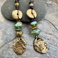 Bronze Coral Fossil Texture Earrings, Stacked Cairns, Washer Donut Beads, Czech Glass, Bronze & Aqua, Arty Mismatched Earrings, Long Dangles