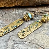 Bronze Dangle Drop Earrings, Coral Fossil Texture, Czech Glass Beads, Bronze and Blue, Hypoallergenic Niobium Ear Wires, Earthy Primitive