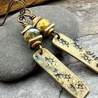 Bronze Dangle Drop Earrings, Coral Fossil Texture, Czech Glass Beads, Bronze and Blue, Hypoallergenic Niobium Ear Wires, Earthy Primitive