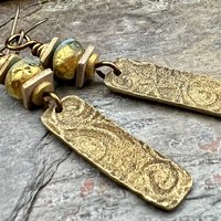 Bronze Dangle Drop Earrings, Coral Fossil Texture, Czech Glass Beads, Bronze and Blue, Hypoallergenic Niobium Ear Wires, Earthy Primitive