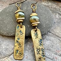 Bronze Dangle Drop Earrings, Coral Fossil Texture, Czech Glass Beads, Bronze and Blue, Hypoallergenic Niobium Ear Wires, Earthy Primitive