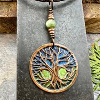 Celtic Tree of Life, Round Copper Pendant, Colorful Patina, Connemara Marble, Irish Celtic Spirals, Celtic Witch Goddess, Earthy Art Jewelry