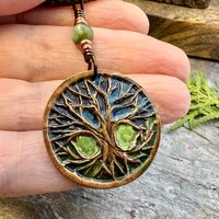 Celtic Tree of Life, Round Copper Pendant, Colorful Patina, Connemara Marble, Irish Celtic Spirals, Celtic Witch Goddess, Earthy Art Jewelry