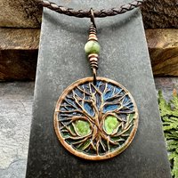 Celtic Tree of Life, Round Copper Pendant, Colorful Patina, Connemara Marble, Irish Celtic Spirals, Celtic Witch Goddess, Earthy Art Jewelry