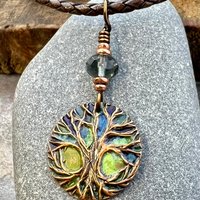 Celtic Tree of Life, Copper Pendant, Colorful Patina, Czech Glass, Irish Celtic Spirals, Celtic Witch Goddess, Earthy Rustic Art Jewelry