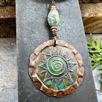 Celtic Sun Spiral Necklace, Copper Charm, Irish Celtic Spirals, Patina Colors, Czech Glass, Leather & Vegan Cords, Earthy Rustic Art Jewelry