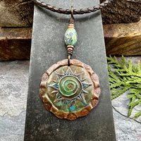 Celtic Sun Spiral Necklace, Copper Charm, Irish Celtic Spirals, Patina Colors, Czech Glass, Leather & Vegan Cords, Earthy Rustic Art Jewelry