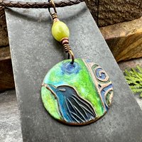 Copper Raven Pendant, Colorful Patina, Connemara Marble, Hand Carved, Irish Celtic Spirals, Celtic Witch Goddess, Ancient Earthy Jewelry