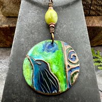 Copper Raven Pendant, Colorful Patina, Connemara Marble, Hand Carved, Irish Celtic Spirals, Celtic Witch Goddess, Ancient Earthy Jewelry