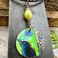 Copper Raven Pendant, Colorful Patina, Connemara Marble, Hand Carved, Irish Celtic Spirals, Celtic Witch Goddess, Ancient Earthy Jewelry