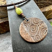 Copper Raven Pendant, Colorful Patina, Connemara Marble, Hand Carved, Irish Celtic Spirals, Celtic Witch Goddess, Ancient Earthy Jewelry