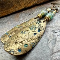 Fern Bronze Earrings, Coral Fossil Texture, Teardrop Shield, Large Statement Earrings, Verdigris Patina, Czech Glass Beads, Hypoallergenic