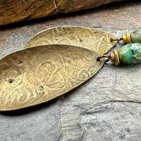 Fern Bronze Earrings, Coral Fossil Texture, Teardrop Shield, Large Statement Earrings, Verdigris Patina, Czech Glass Beads, Hypoallergenic
