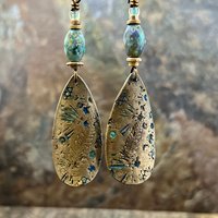 Fern Bronze Earrings, Coral Fossil Texture, Teardrop Shield, Large Statement Earrings, Verdigris Patina, Czech Glass Beads, Hypoallergenic