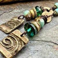 Bronze Spiral Dangle Earrings, Stacked Cairns, Czech Glass, Hypoallergenic Ear Wires, Earthy, Arty Mismatched Earrings, Bronze & Aqua