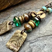 Bronze Spiral Dangle Earrings, Stacked Cairns, Czech Glass, Hypoallergenic Ear Wires, Earthy, Arty Mismatched Earrings, Bronze & Aqua