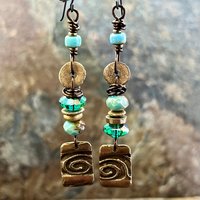 Bronze Spiral Dangle Earrings, Stacked Cairns, Czech Glass, Hypoallergenic Ear Wires, Earthy, Arty Mismatched Earrings, Bronze & Aqua