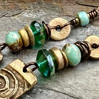 Bronze Spiral Dangle Earrings, Stacked Cairns, Czech Glass, Hypoallergenic Ear Wires, Earthy, Arty Mismatched Earrings, Bronze & Aqua