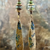 Bronze Dangle, Teardrop Earrings, Coral Fossil Texture, Czech Glass Beads, Bronze and Blue, Hypoallergenic Niobium Ear Wires, Earthy Arty
