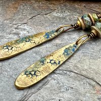 Bronze Dangle, Teardrop Earrings, Coral Fossil Texture, Czech Glass Beads, Bronze and Blue, Hypoallergenic Niobium Ear Wires, Earthy Arty