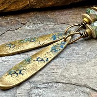 Bronze Dangle, Teardrop Earrings, Coral Fossil Texture, Czech Glass Beads, Bronze and Blue, Hypoallergenic Niobium Ear Wires, Earthy Arty