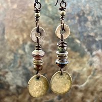 Bronze Disc Dangle Earrings, Stacked Cairns, Czech Glass, Hypoallergenic Ear Wires, Earthy Primitive, Arty Mismatched Earrings, Handmade