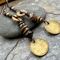 Bronze Disc Dangle Earrings, Stacked Cairns, Czech Glass, Hypoallergenic Ear Wires, Earthy Primitive, Arty Mismatched Earrings, Handmade