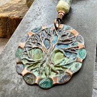 Tree of Life Pendant, Copper Colorful Patina, Connemara Marble, Hand Carved, Irish Celtic Spirals, Celtic Witch Goddess, Ancient Earthy Art