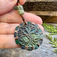 Tree of Life Pendant, Copper Colorful Patina, Connemara Marble, Hand Carved, Irish Celtic Spirals, Celtic Witch Goddess, Ancient Earthy Art