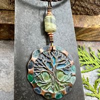 Tree of Life Pendant, Copper Colorful Patina, Connemara Marble, Hand Carved, Irish Celtic Spirals, Celtic Witch Goddess, Ancient Earthy Art