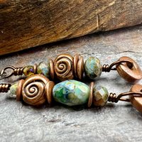 Stacked Cairn Earrings, Copper Hoops, Czech Glass Beads, Hypoallergenic Ear Wires, Earthy Primitive, Arty Mismatched Earrings, Copper & Aqua