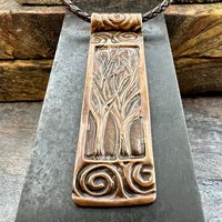 Two Trees Copper Pendant, Irish Celtic Spirals, Hand Carved, Intertwined in Love, 7th Anniversary, Leather & Vegan Cords, Long Tree Necklace