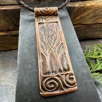 Two Trees Copper Pendant, Irish Celtic Spirals, Hand Carved, Intertwined in Love, 7th Anniversary, Leather & Vegan Cords, Long Tree Necklace