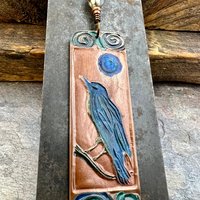 Raven Full Moon, Copper Pendant, Celtic Spirals, Colorful Patina, Czech Glass, Leather & Vegan Cords, Handmade Art Jewelry, Pagan Witch Gift