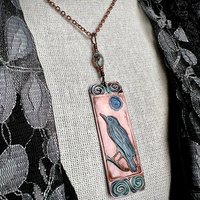 Raven Full Moon, Copper Pendant, Celtic Spirals, Colorful Patina, Czech Glass, Leather & Vegan Cords, Handmade Art Jewelry, Pagan Witch Gift