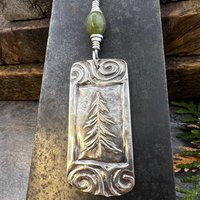 Pine Tree Pendant, Sterling Silver, Connemara Marble, Evergreen Necklace, Pine Cedar Fir, Irish Celtic Spirals, Tree Branches, Handmade Art