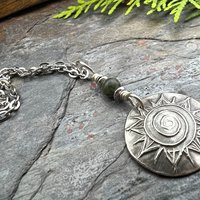 Celtic Sun Spiral, Sterling Silver Charm, Connemara Marble, Irish Celtic Jewelry, Domed Sun Necklace, Leather & Vegan Cords, Handmade Art