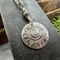 Celtic Sun Spiral, Sterling Silver Charm, Connemara Marble, Irish Celtic Jewelry, Domed Sun Necklace, Leather & Vegan Cords, Handmade Art