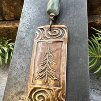 Pine Tree, Copper Pendant, Celtic Spirals, Connemara Marble, Evergreen Trees, Earthy Rustic Art Jewelry, Hand Carved, Tree of Life, Pagan