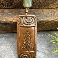 Pine Tree, Copper Pendant, Celtic Spirals, Connemara Marble, Evergreen Trees, Earthy Rustic Art Jewelry, Hand Carved, Tree of Life, Pagan