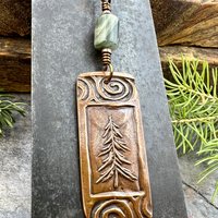 Pine Tree, Copper Pendant, Celtic Spirals, Connemara Marble, Evergreen Trees, Earthy Rustic Art Jewelry, Hand Carved, Tree of Life, Pagan