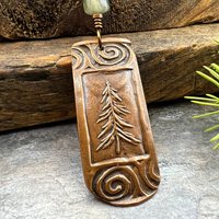 Pine Tree, Copper Pendant, Celtic Spirals, Connemara Marble, Evergreen Trees, Earthy Rustic Art Jewelry, Hand Carved, Tree of Life, Pagan